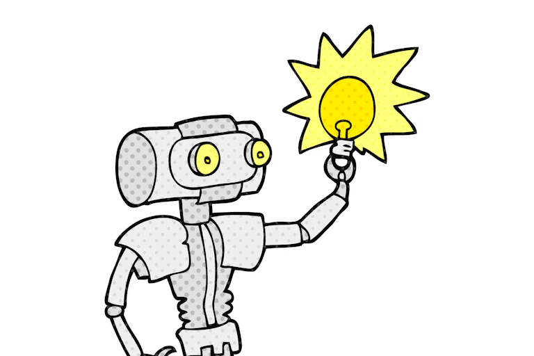 cartoon of a robot holding a lit lightbulb