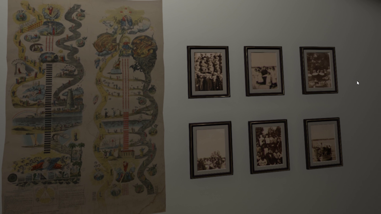 Framed pictures hanging on walls.