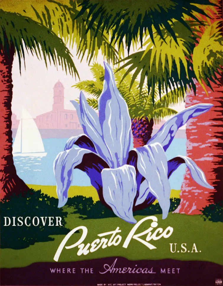 A colorful poster depicts a park with palm trees and a large orchid-like flower, behind it; a sailboat and colonial architecture are visible.