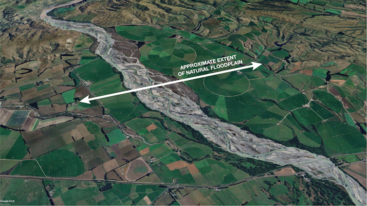 An aerial view of a braided river with a narrower floodplain constrained by agricultural land use.