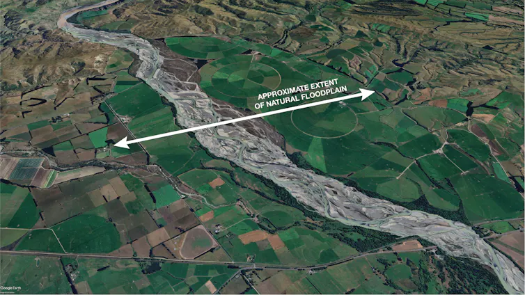 An aerial view of a braided river with a narrower floodplain constrained by agricultural land use.