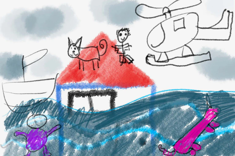 A child's drawing showing a house surrounded by water, with a person and an animal on the roof.