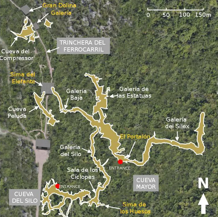 Maps of Atapuerca showing a network of caves with various sites including Sima del Elefante labelled.