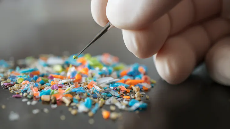 gloved hand picks through microplastic pile