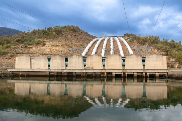 The front of the Snowy Hydro Tumut 3 power station near Talbingo in the Kosciuszko National Park in the Snowy Mountains, NSW.