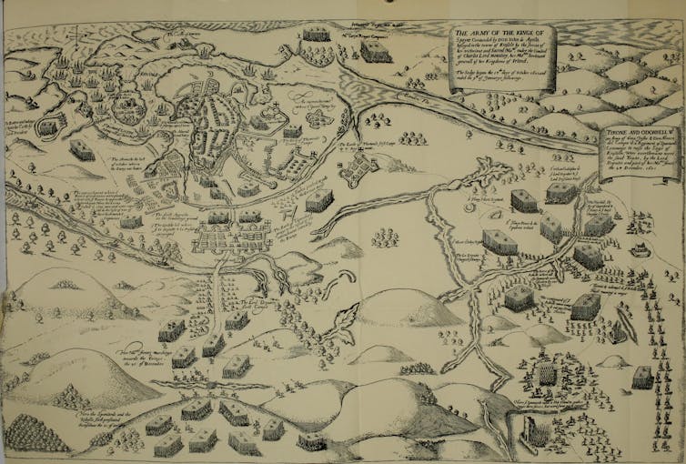 Plano de la Batalla de Kinsale, en 1601, en la que los católicos irlandeses batallaron con apoyo de tropas españolas.