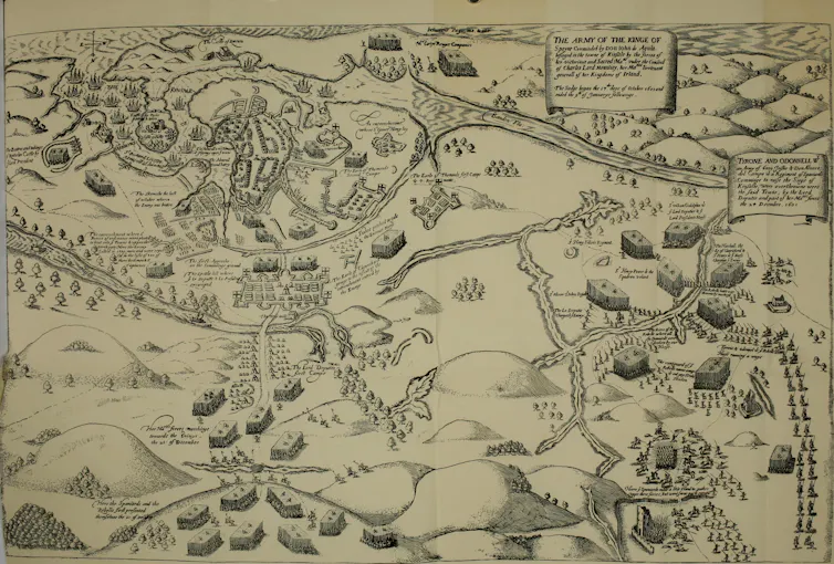Plano de la Batalla de Kinsale, en 1601, en la que los católicos irlandeses batallaron con apoyo de tropas españolas.