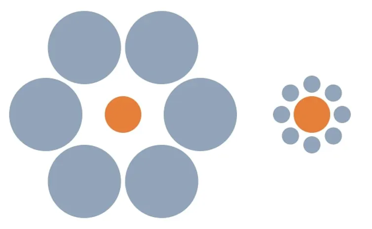 Orange circle surrounded by larger grey ones (left) and orange circle surrounded by smaller grey circles (right)