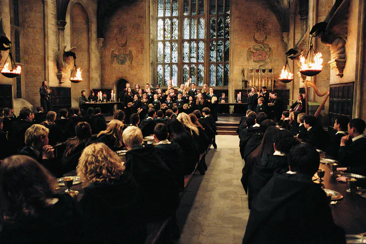 A scene from Harry Potter shot in a school dining hall.