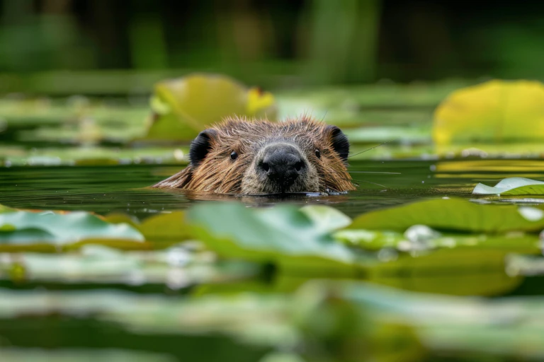 A beaver's head poking out of a pond.