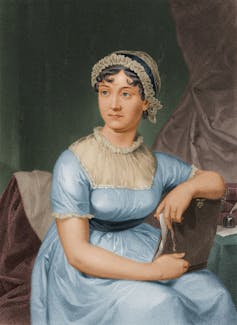 Painted portrait of a seated young woman wearing a blue blouse.