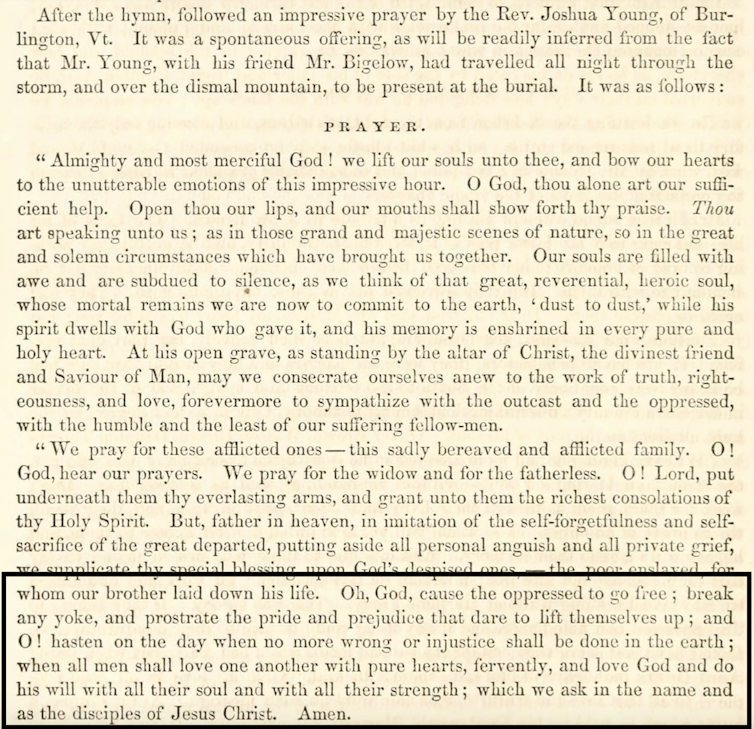 A page of text describing a prayer told at John Brown's funeral.