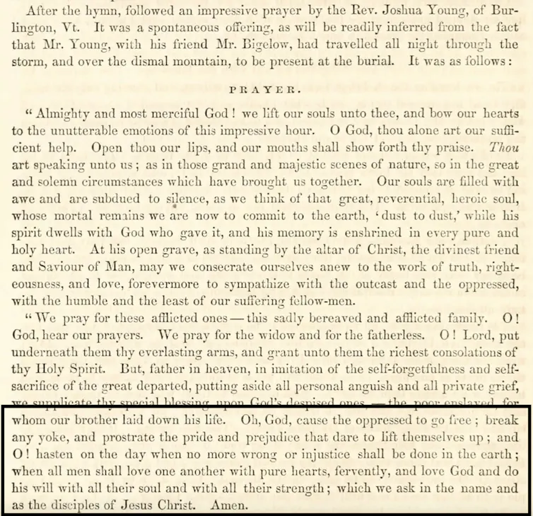 A page of text describing a prayer told at John Brown's funeral.