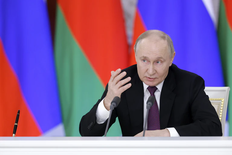 Vladimir Putin gestures during a press conference March 13 2025.