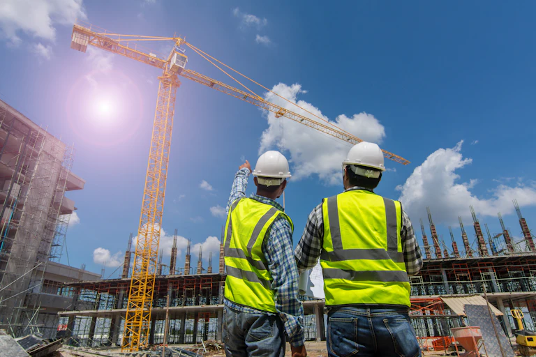 two workers look up at a crane on a building site against a blue sky