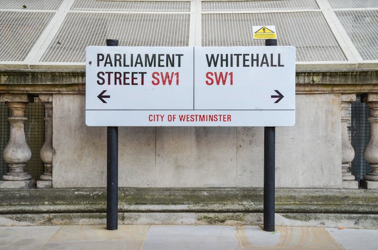 A street sign for Whitehall and Parliament Street.