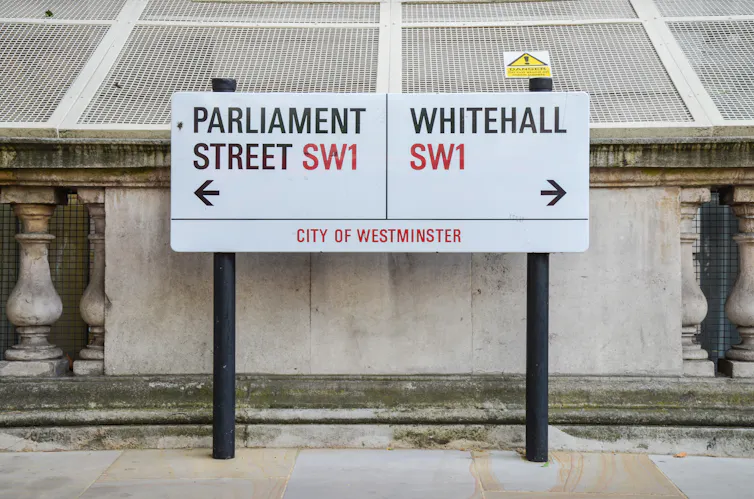 A street sign for Whitehall and Parliament Street.