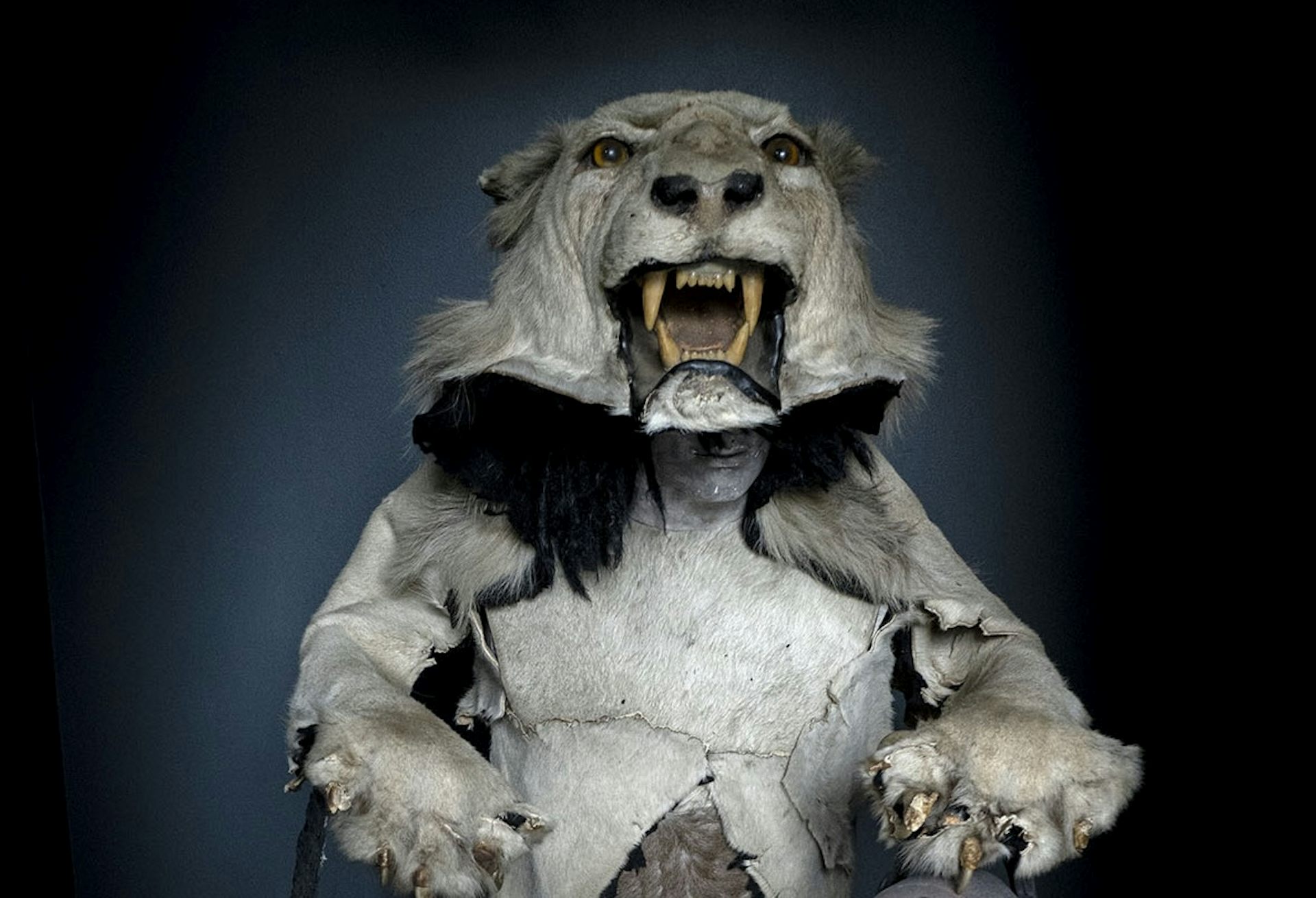 A mannequin wearing a stuffed lion's head as a hat. The lion holds two bags, each with a humanlike head in them.