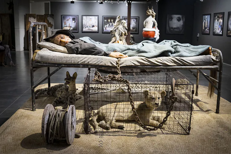In a room with framed photos on the wall a man stares with dead eyes from a bed, beneath him a caged predator.