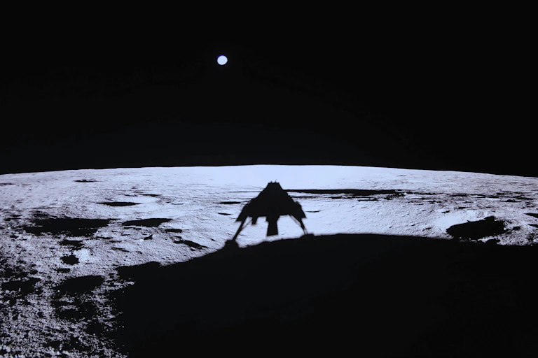 Shadow of lunar lander on the Moon.