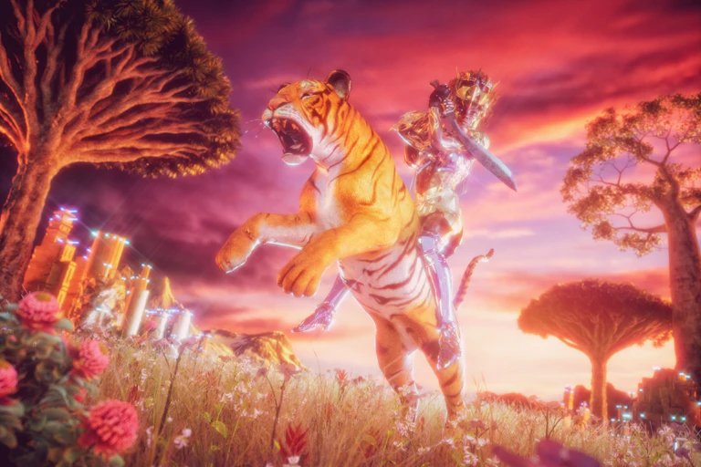 Digital image: a mythical woman sits on a tiger's back.