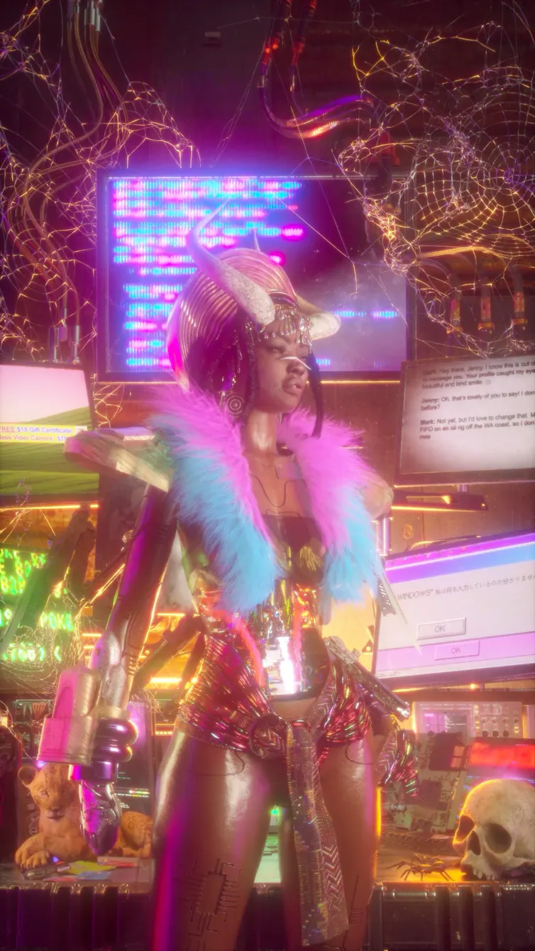 A horned woman in a techno wonderland.