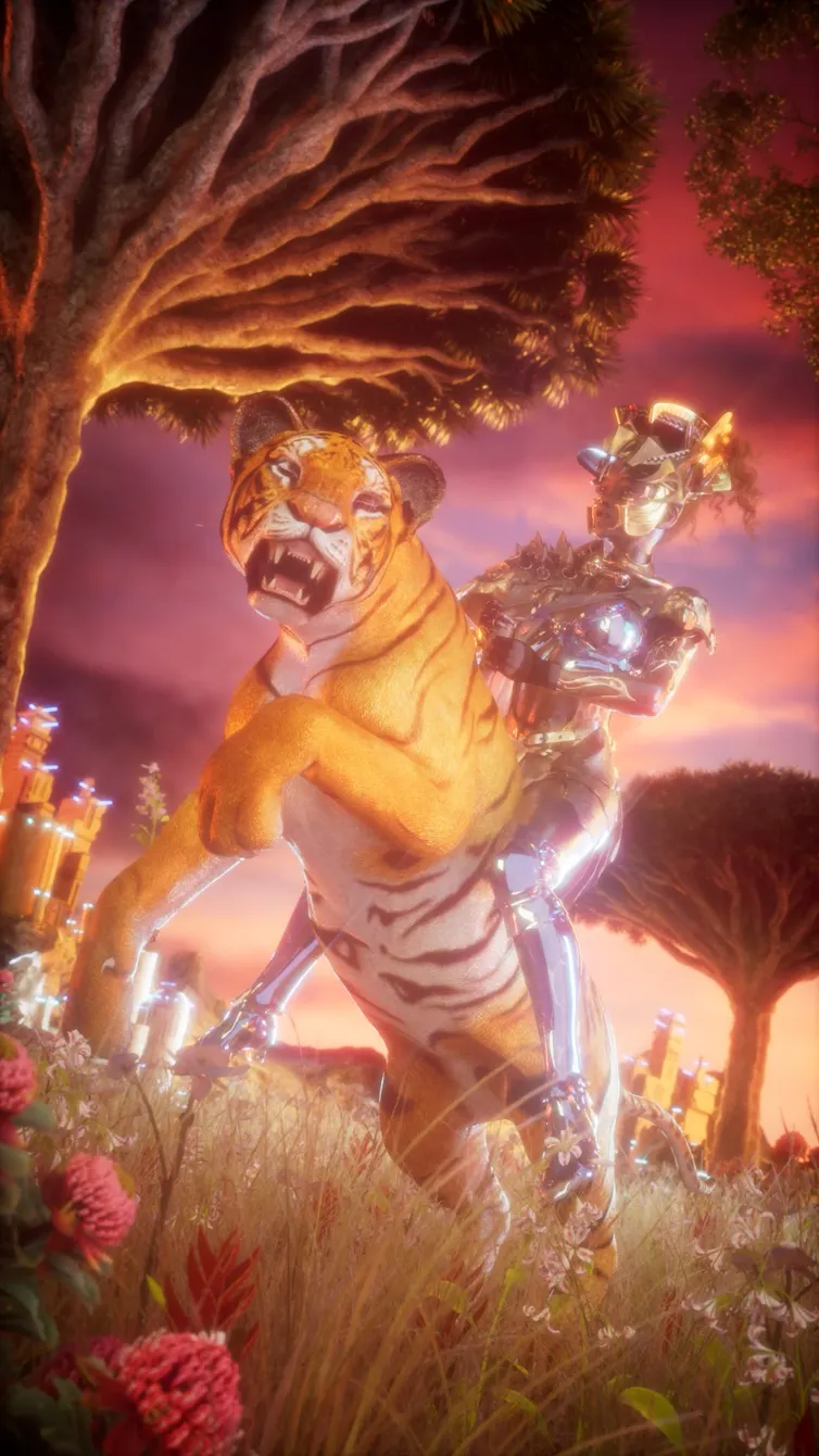 A woman on a tiger, African trees behind and waratahs in front.