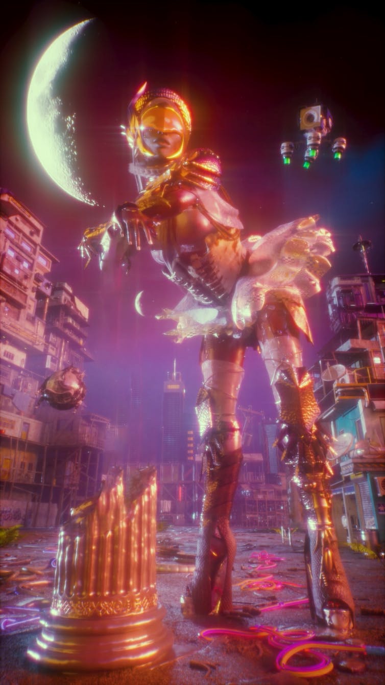 A woman in high heels and a tutu leans over a broken column, a moon behind her.