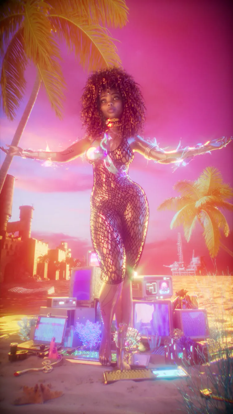 A woman stands in front of palm trees and a pile of computers.
