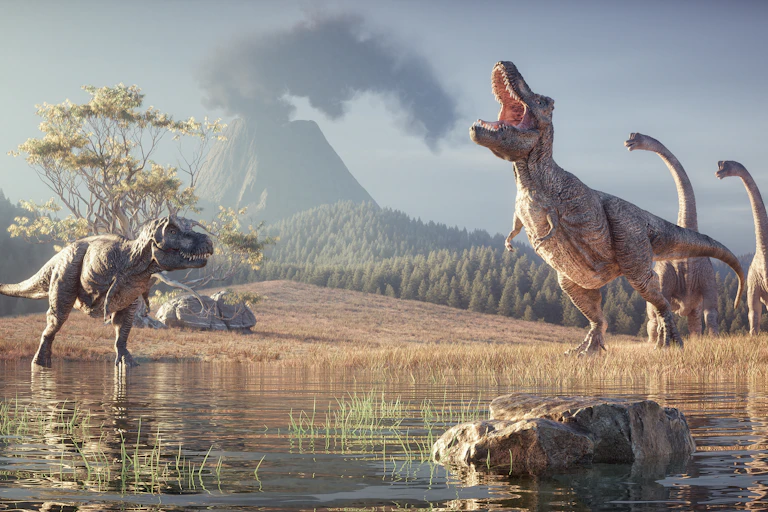 Dinosaurs with a volcano in the background