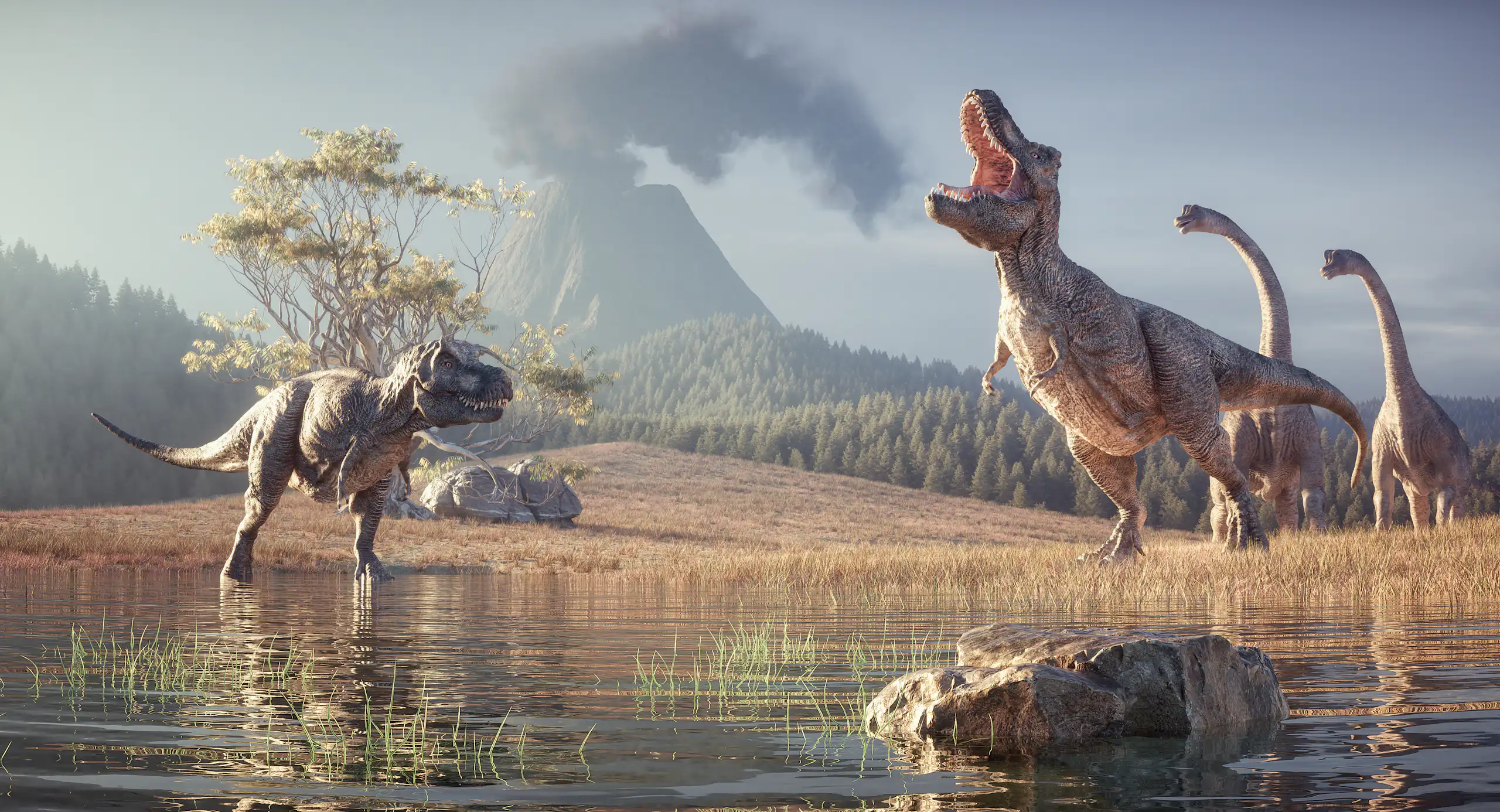 Dinosaurs with a volcano in the background