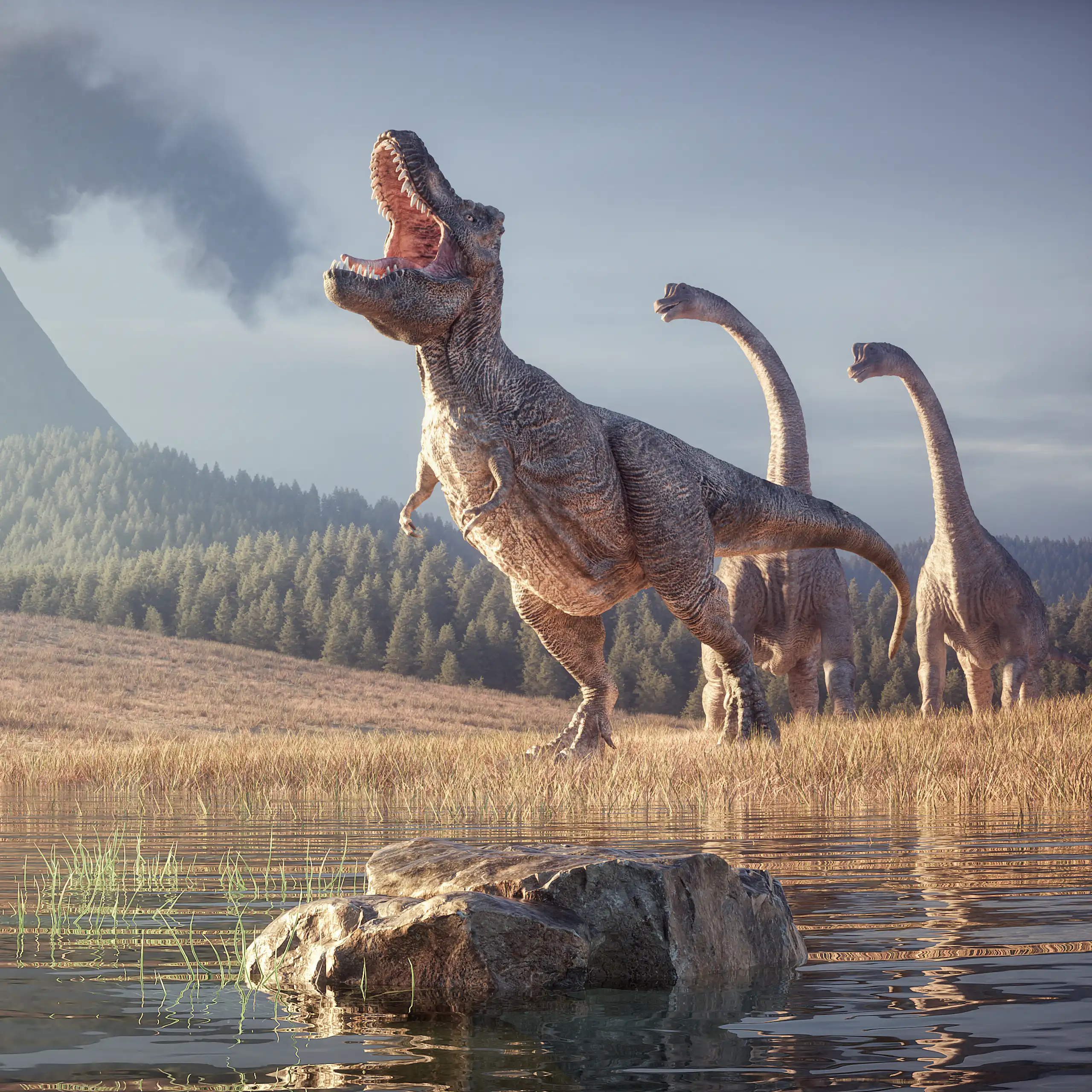 Dinosaurs with a volcano in the background