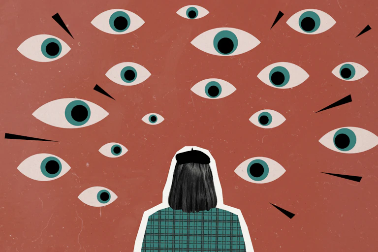 A woman's back and collage of eyes.