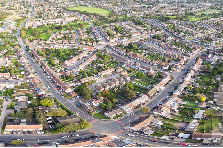aerial shot of British suburbia