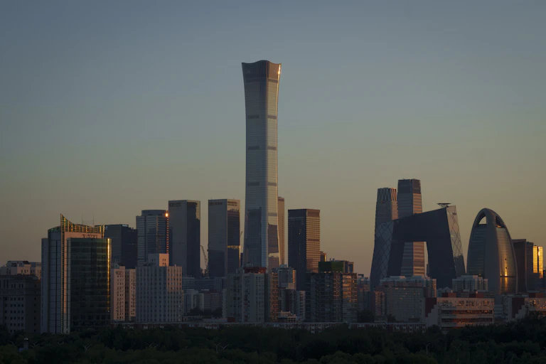 A city skyline at dusk