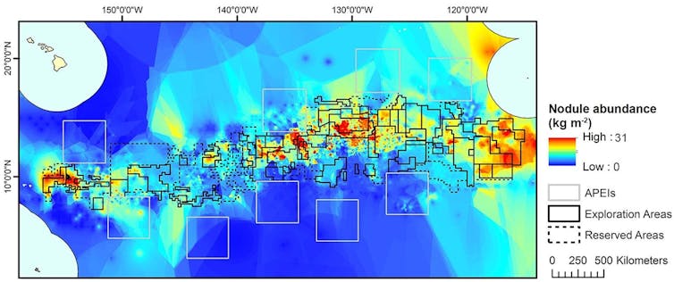 A map shows where nodules are plentiful in a wide area of the seafloor.