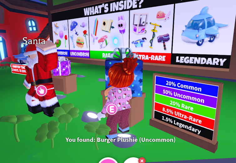 A character stands in front of a board listing random prize rarities and outcomes. The text reads 'You found: Burger Plushie (Uncommon)'.