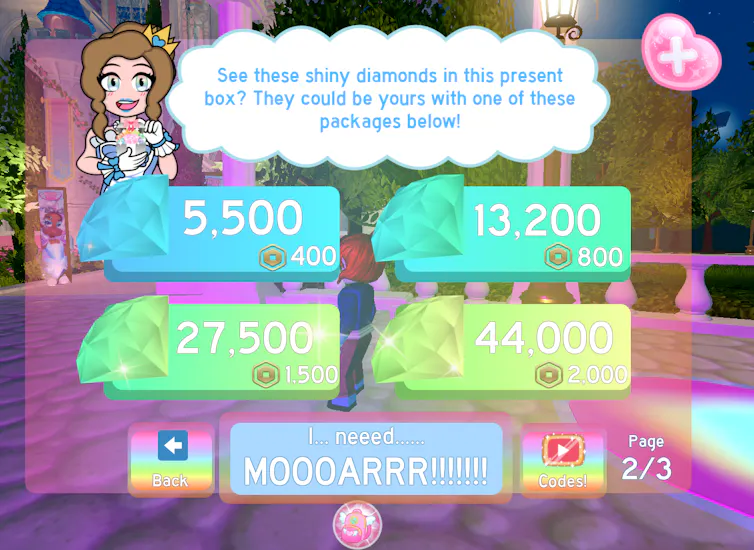 A screenshot of the 'diamond' purchase screen in Roblox game Royal High. The 'confirm purchase' button below the available bundles is labelled 'I NEED MOAR'.