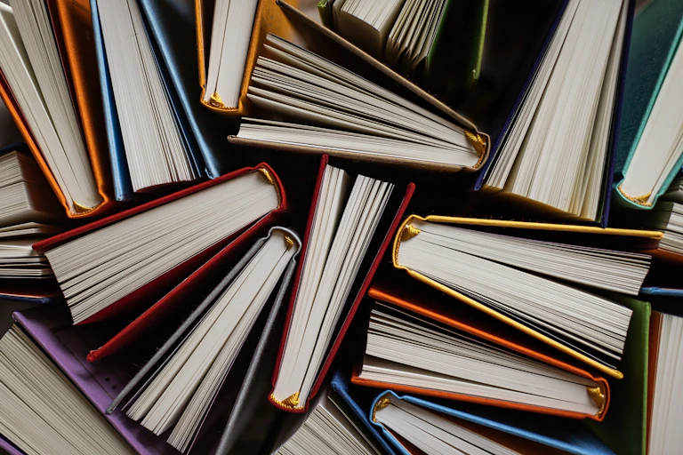 Top view of books with colourful covers opened on their side.
