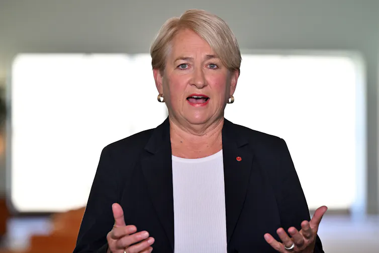 Greens Senator Barbara Pocock wearing a dark coloured jacket over a white top standing with her hands outstretched.