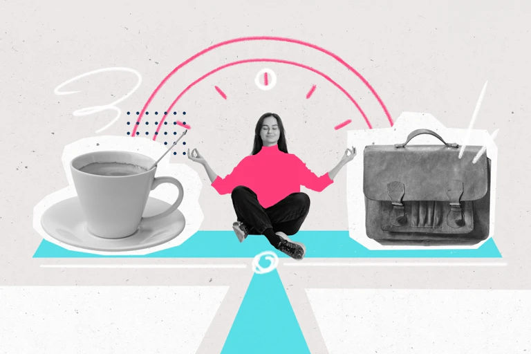 An illustration of a young woman sitting on a scale with a cup of coffee balanced on one side and a work satchel on the other.