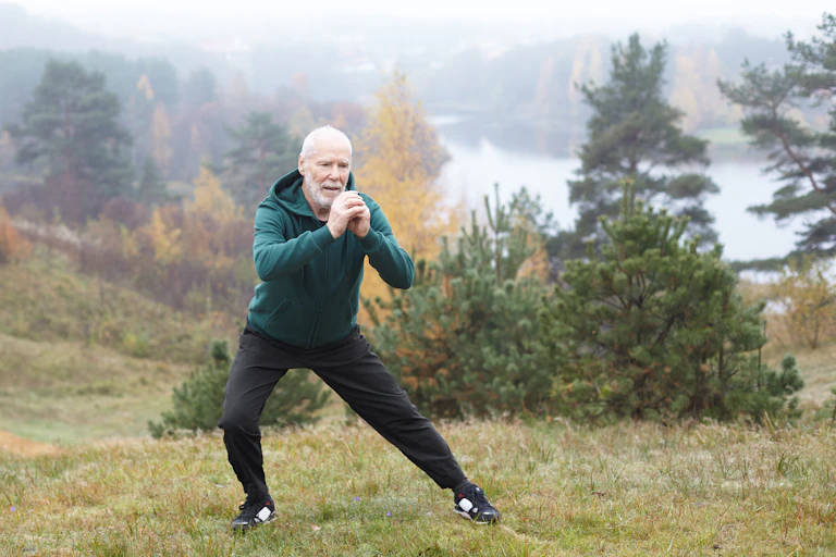 Older man practises lunges outside