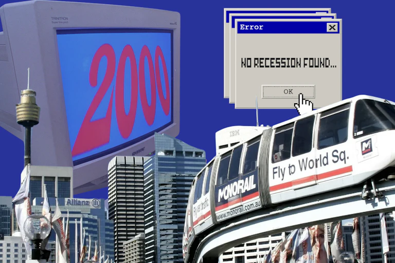 A composite image of a city skyline, a 2000s computer, a monorail and a computer window that says no recession found