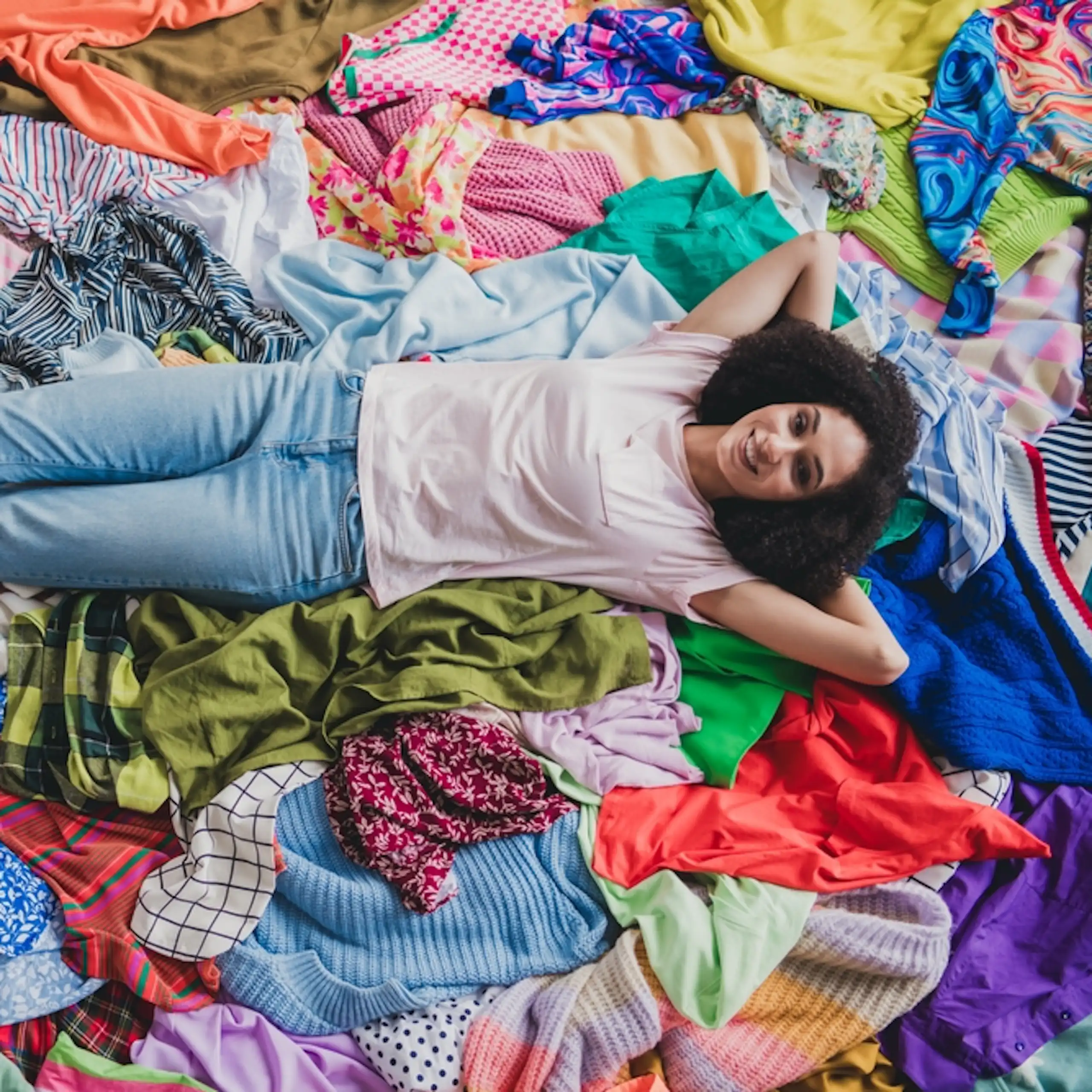 une jeune fille allongée dans sa chambre au milieu de vêtements