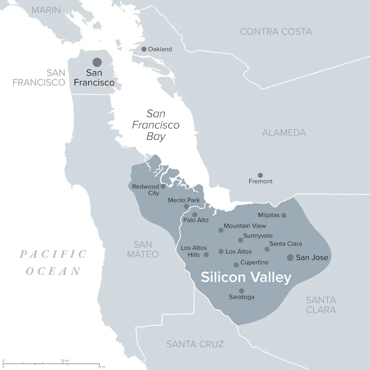 Silicon Valley marked on a map of California.