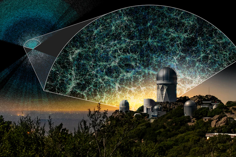 representation de filaments cosmiques devant l'observatoire du Kitt Peak