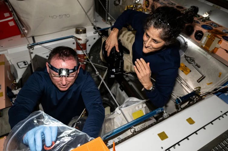 Butch Wilmore and Suni Williams inspect safety hardware on the ISS