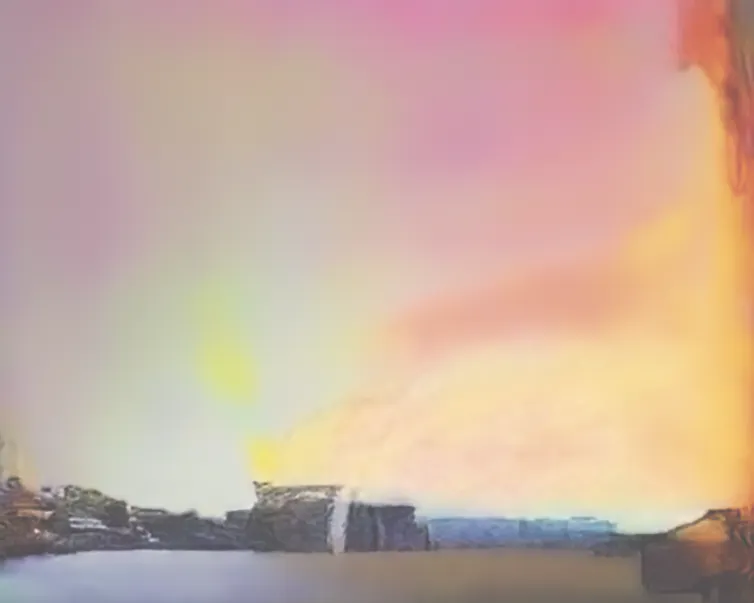 An image called Rainbow with a pink and yellow sky and a body of water, created by an artist using AI.