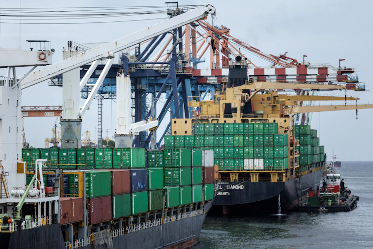 Stacks of mostly green containers are on large ships at Tanjung Priok Port in Indonesia.