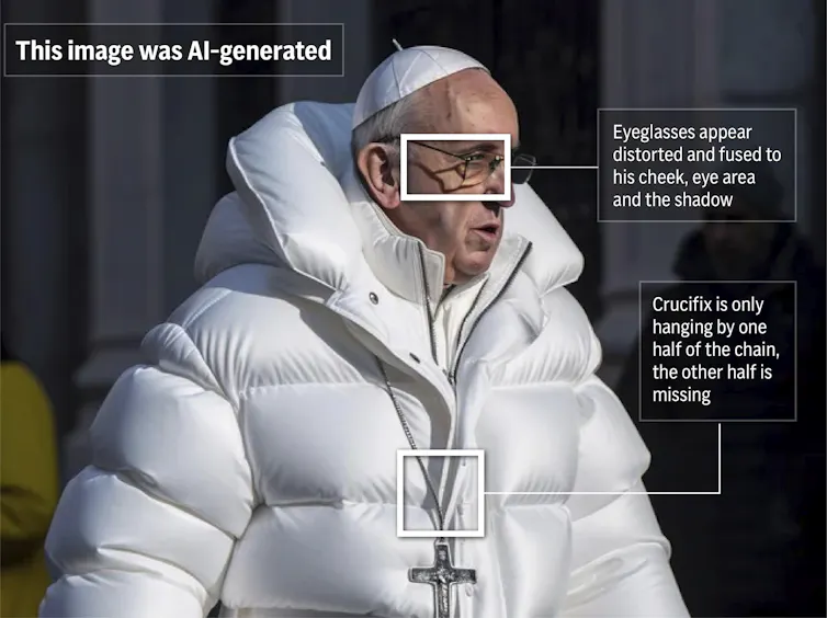 An AI-generated images of Pope Francis, which depicts him wearing a white puffer jacket and long chain necklace with a cross.